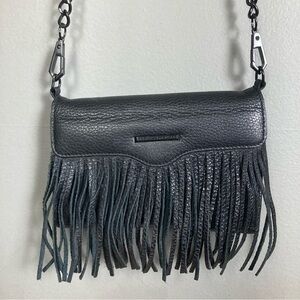 Rebecca Minkoff fold over wallet purse phone crossbody fringe black mini‎ bag